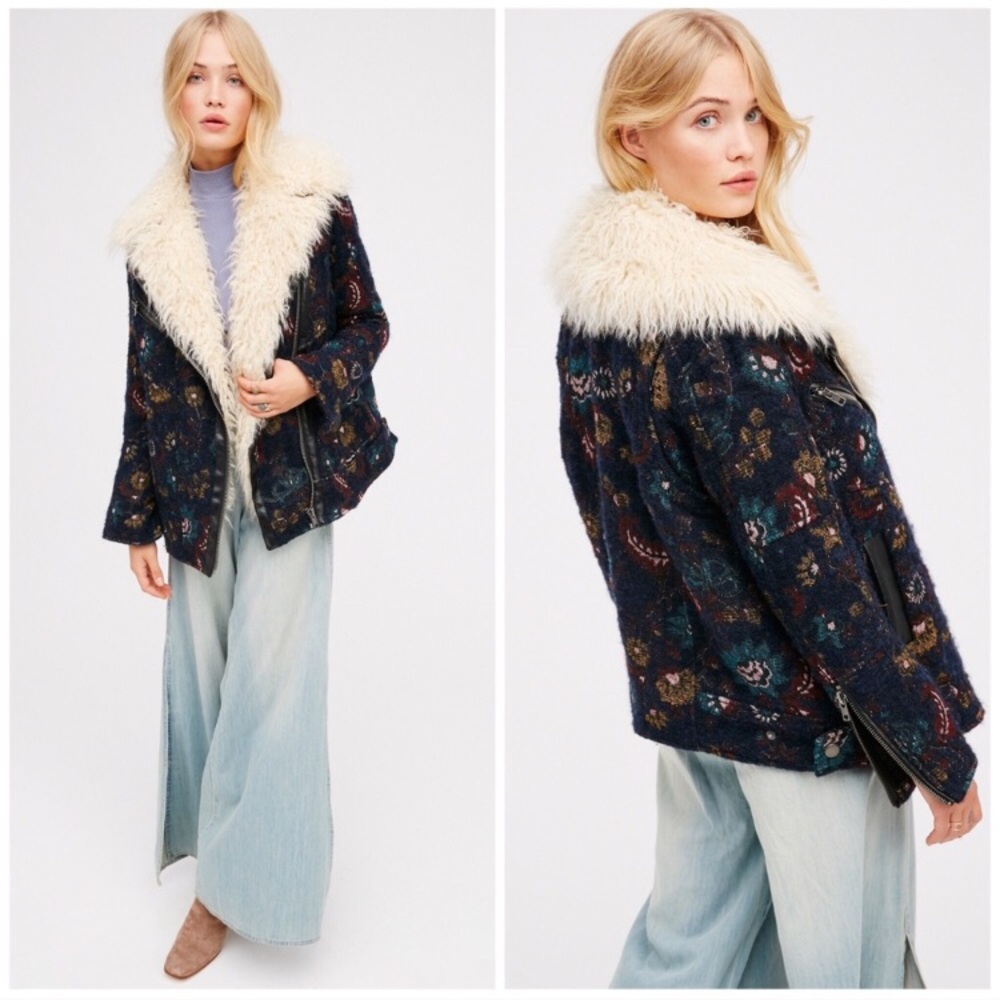 Free People Faux Fur Jacquard Floral Jacket XS - Picture 2 of 6